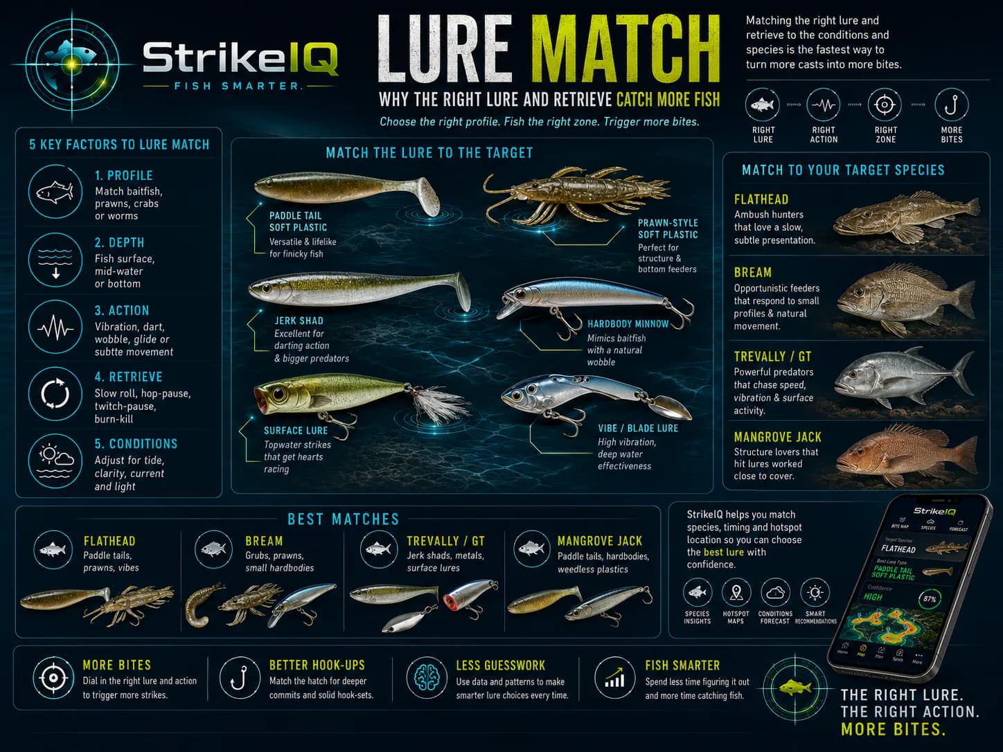StrikeIQ Lure Match guide showing lure profiles and target species